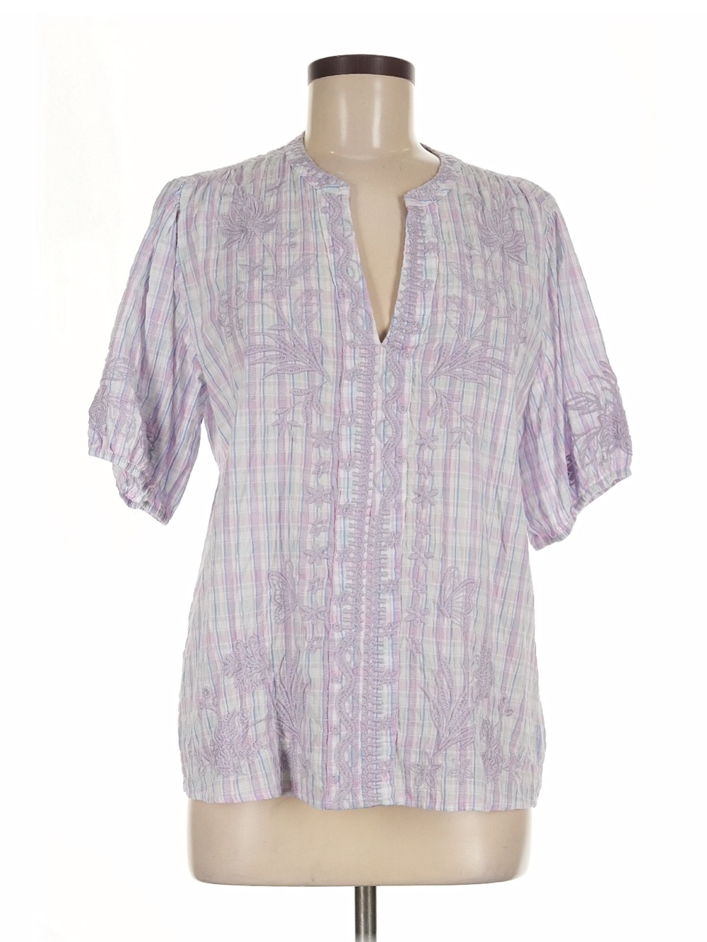 Johnny Was Lavender Plaid Embroidered Short-Sleeve Blouse